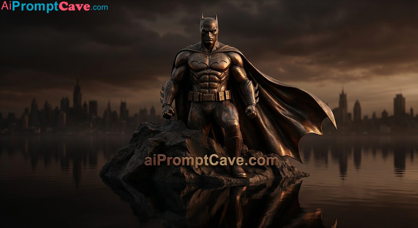 How to Create Cinematic Bronze Batman Statue with Dramatic Lighting and Dark Reflective Water - Free Ai Prompt