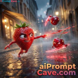 How to Create Cinematic Fruit Battle Scene with Strawberry vs Cherry Twins in Rainy Night Action - Free Ai Prompt