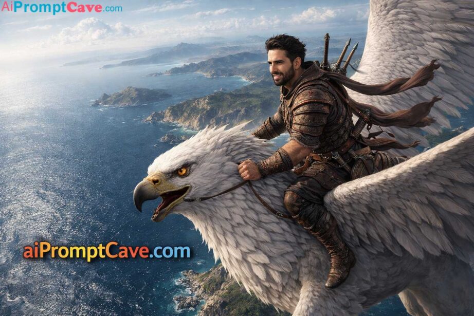 How to make your image as an Epic Warrior Riding a White Griffin Above a Mediterranean Coast Hyper-Realistic Fantasy Scene - Free Ai prompt