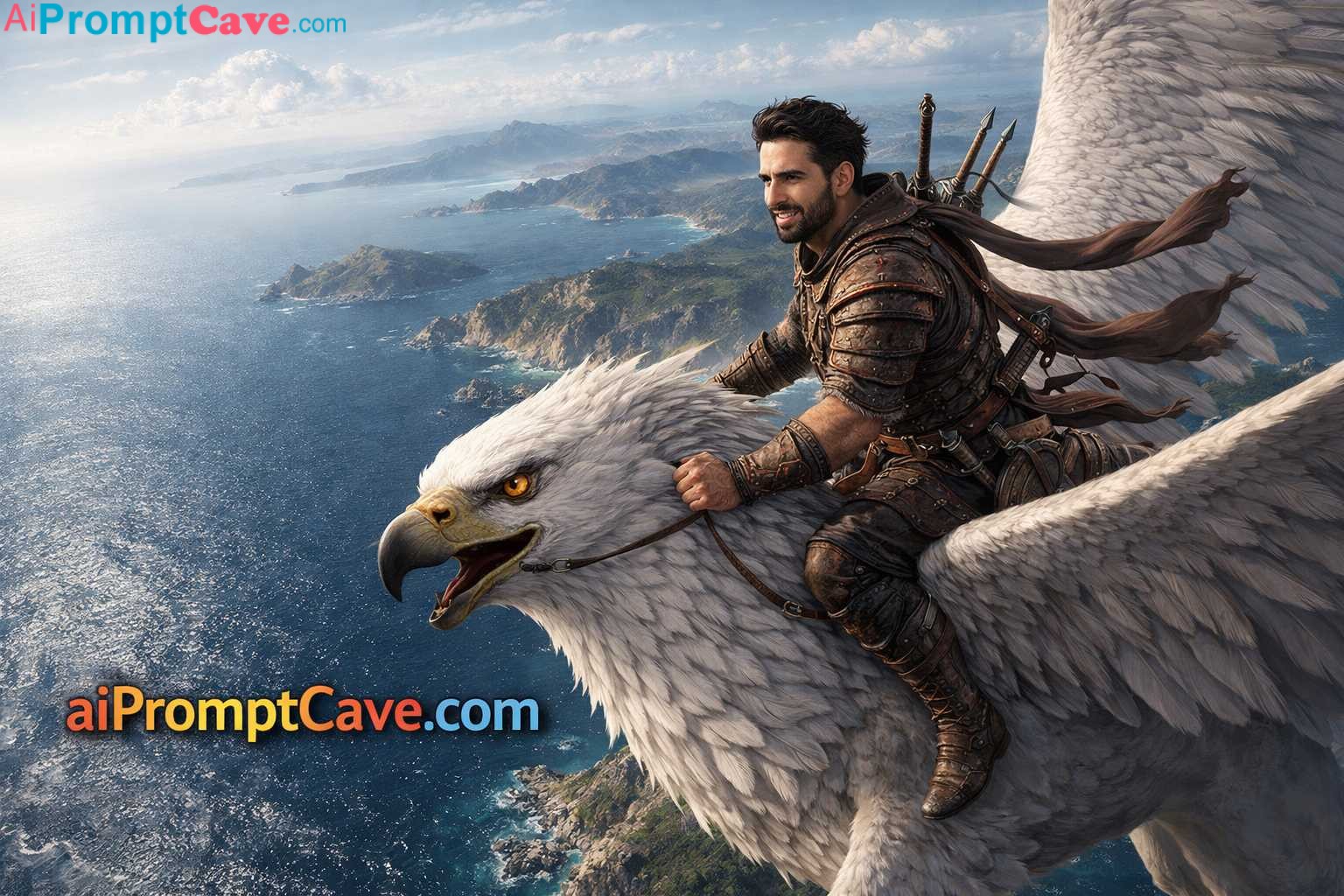 How to make your image as an Epic Warrior Riding a White Griffin Above a Mediterranean Coast Hyper-Realistic Fantasy Scene - Free Ai prompt