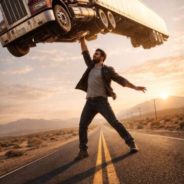 How tom make your image as a Surreal Cinematic Scene of a Man Holding a Semi-Truck in the Desert Free Ai Prompt