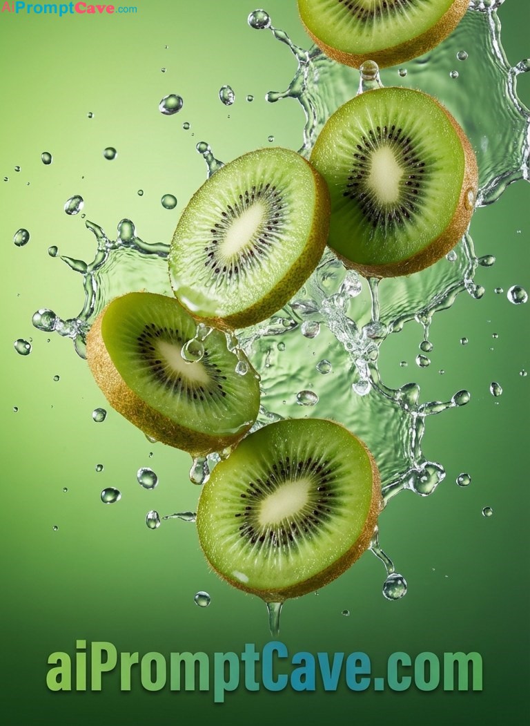 Marketing Ad Prompt Kiwi Splash Macro Photography in 8K - Free Ai Prompt