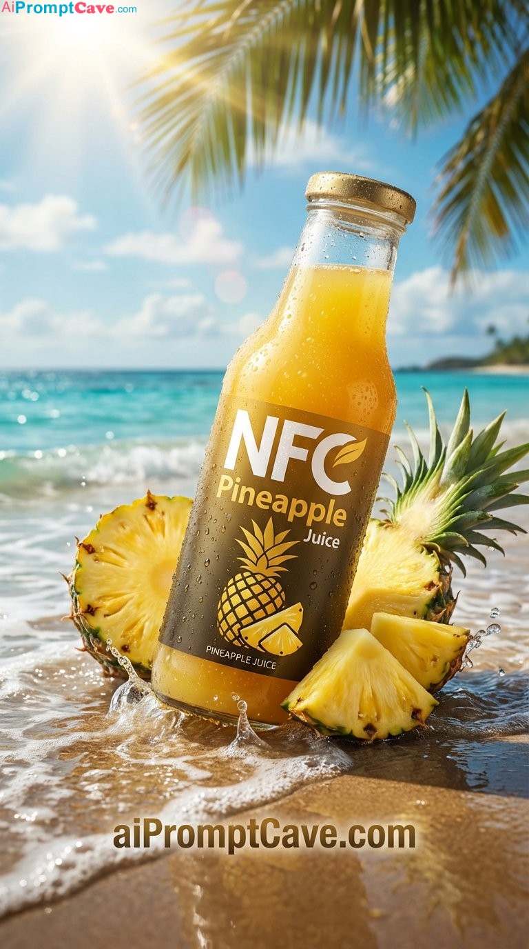 Marketing Ai Prompt Pineapple Juice Bottle Ad in Tropical Beach Setting - Free Ai Prompt