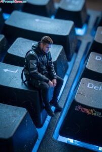 Miniature Man vs Giant Tech – Futuristic Keyboard Portrait in Hyper Realism - Free Ai Prompt Miniature Man vs Giant Tech – Futuristic Keyboard Portrait in Hyper Realism – Free Ai Prompt