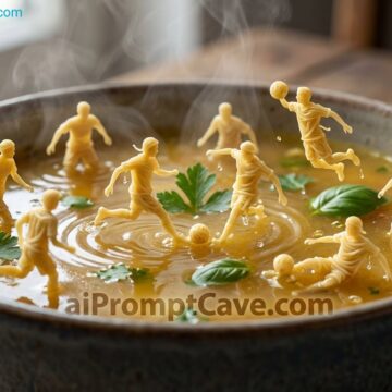 Surreal Miniature Football Match Made of Spaghetti in Golden Soup Photography - Free Ai Prompt