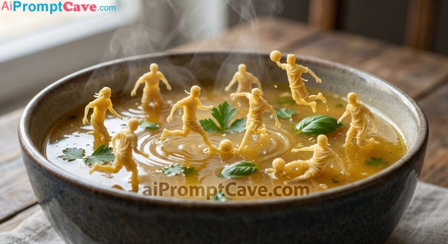 Surreal Miniature Football Match Made of Spaghetti in Golden Soup Photography - Free Ai Prompt