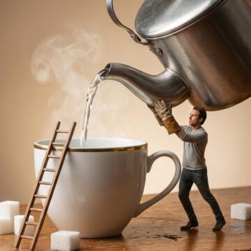 Ultra-Realistic Surreal Miniature Scene of your image Tiny Man Handling Giant Kettle in 8K Macro Photography - Free Ai Prompt