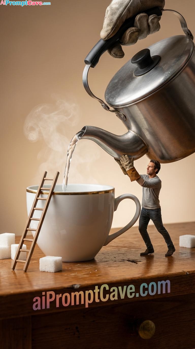 Ultra-Realistic Surreal Miniature Scene of your image Tiny Man Handling Giant Kettle in 8K Macro Photography - Free Ai Prompt