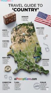 3D Travel Guide Infographic Poster Design USA Style Country Map - Free Ai Prompt