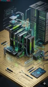 AI GPU Cluster Blueprint Scene – Futuristic Self-Assembling Server Prompt - Free Ai Image Prompt
