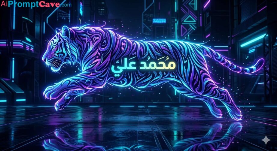 Arabic Futuristic Neon Tiger Calligraphy Cyberpunk Digital Art - Free Ai Prompt