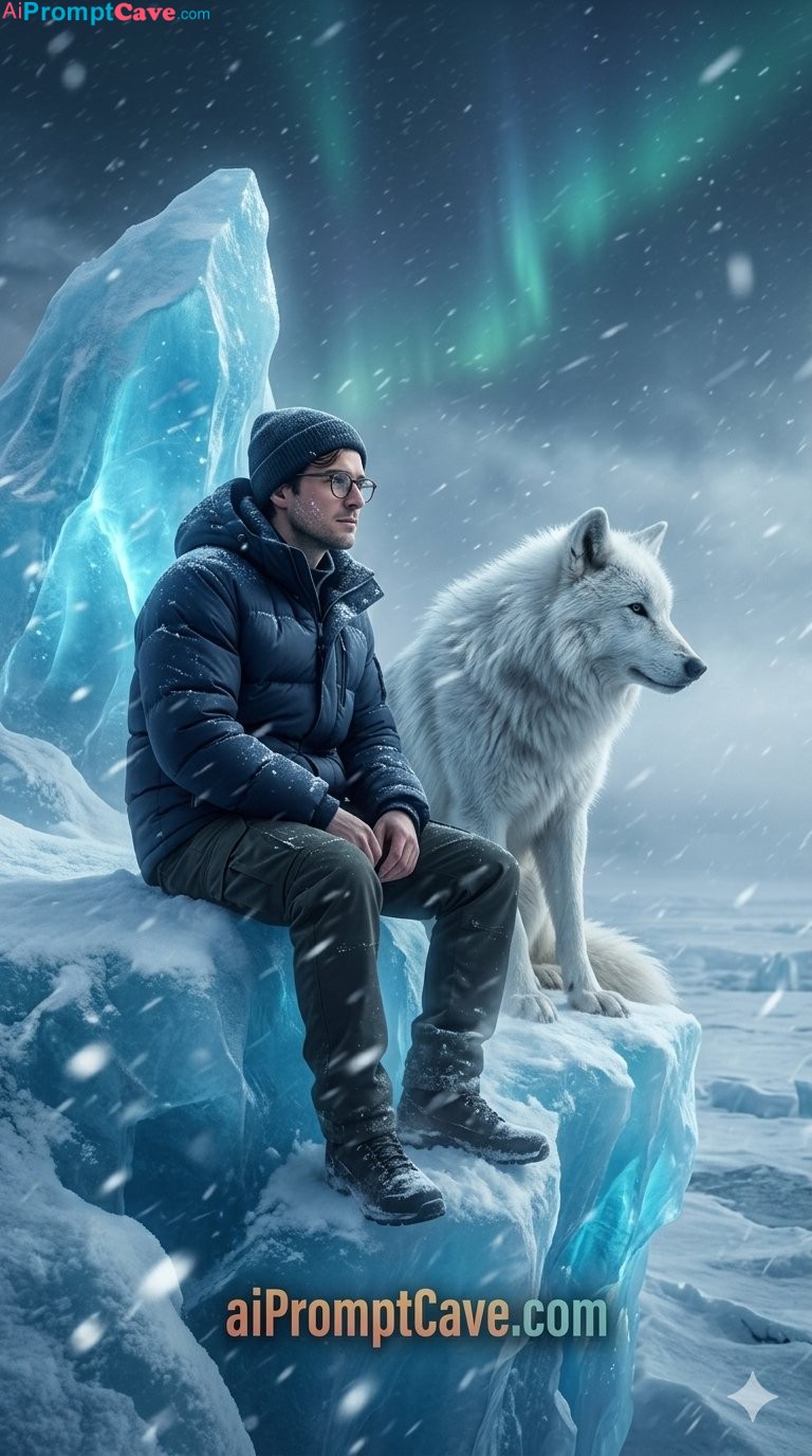 Arctic Glacier Man with Giant Wolf - Free Ai Prompt