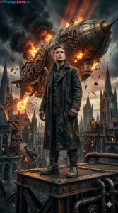 Be In a Cinematic Steampunk Airship Crash Scene with Dark Overcoat Character - Free Ai Prompt