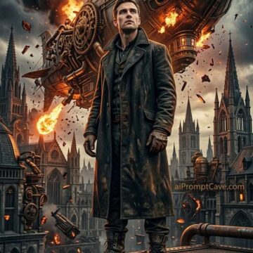 Be In a Cinematic Steampunk Airship Crash Scene with Dark Overcoat Character - Free Ai Prompt
