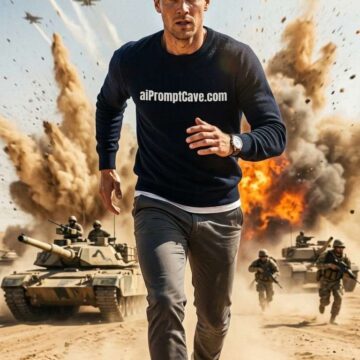 Take a Picture During War in Cinematic Desert Survival Run Battlefield Scene - Free Ai Prompt