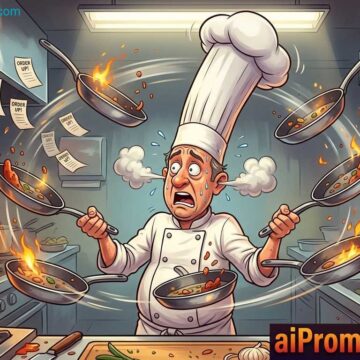 Chaotic Chef Juggling Pans in Explosive Kitchen Cartoon Scene - Free Ai Prompt