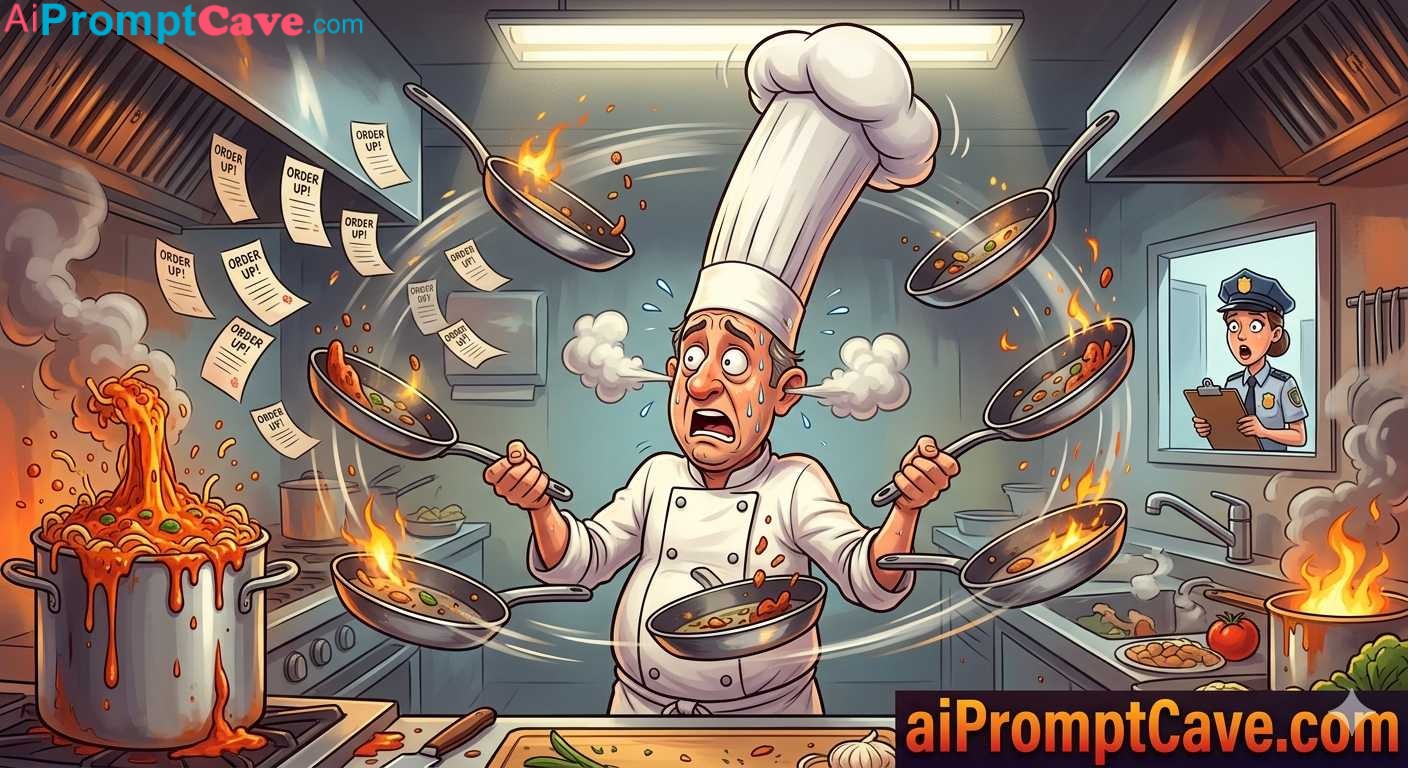 Chaotic Chef Juggling Pans in Explosive Kitchen Cartoon Scene - Free Ai Prompt