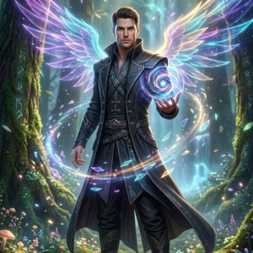 Chronomancer Time Mage in Magical Forest with Neon Energy Wings - Free Ai Image Prompt