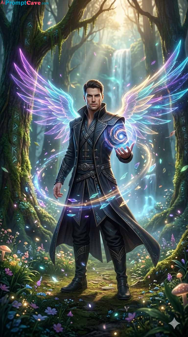 Chronomancer Time Mage in Magical Forest with Neon Energy Wings - Free Ai Image Prompt