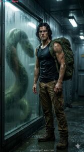 Cinematic Bunker Survival Scene Explorer vs Anaconda Shadow - Free Ai Prompt