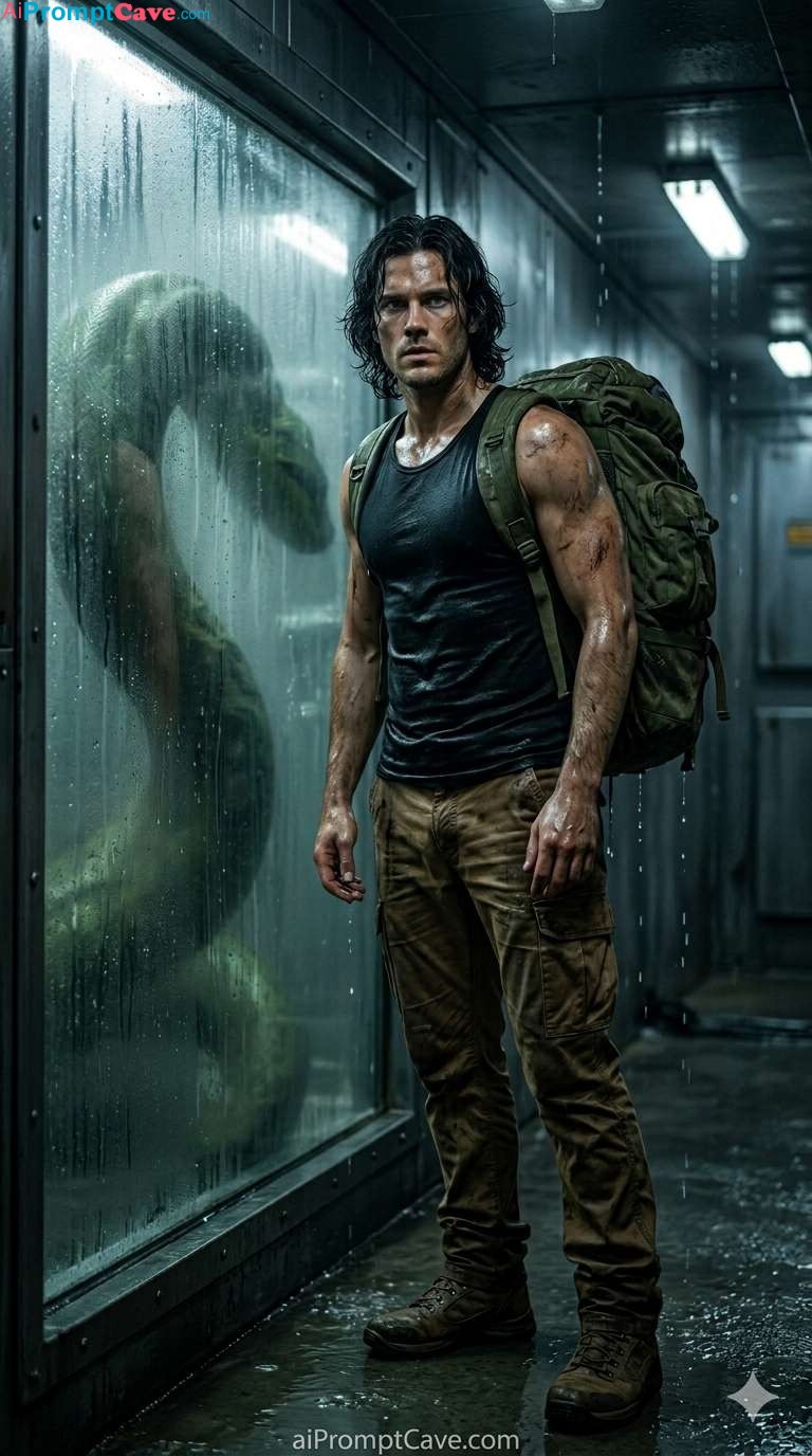 Cinematic Bunker Survival Scene Explorer vs Anaconda Shadow - Free Ai Prompt