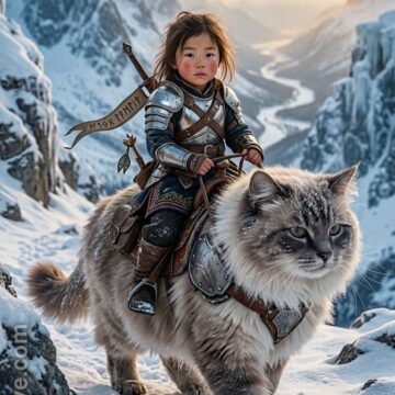 Cinematic Fantasy Girl Warrior Riding Giant Ragdoll Cat in Snow - Free Ai Image Prompt