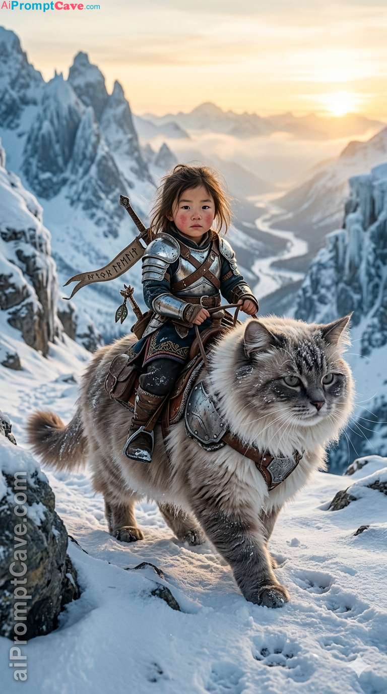 Cinematic Fantasy Girl Warrior Riding Giant Ragdoll Cat in Snow - Free Ai Image Prompt