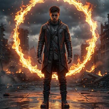 Cinematic Fire Halo Portrait – Apocalyptic Fantasy Man Scene Prompt - Free Ai Image Prompt