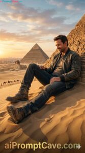 Cinematic Giant Man Resting on Great Pyramid - Free Ai Prompt Cinematic Giant Man Resting on Great Pyramid - Free Ai Prompt