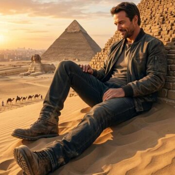 Cinematic Giant Man Resting on Great Pyramid - Free Ai Prompt