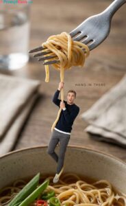 Cinematic Macro Micro Scene Tiny Man Hanging From Noodles Fork Lift - Free Ai Prompt