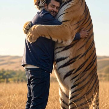 Cinematic Man and Tiger Embrace in Golden Field Portrait - Free Ai Image Prompt