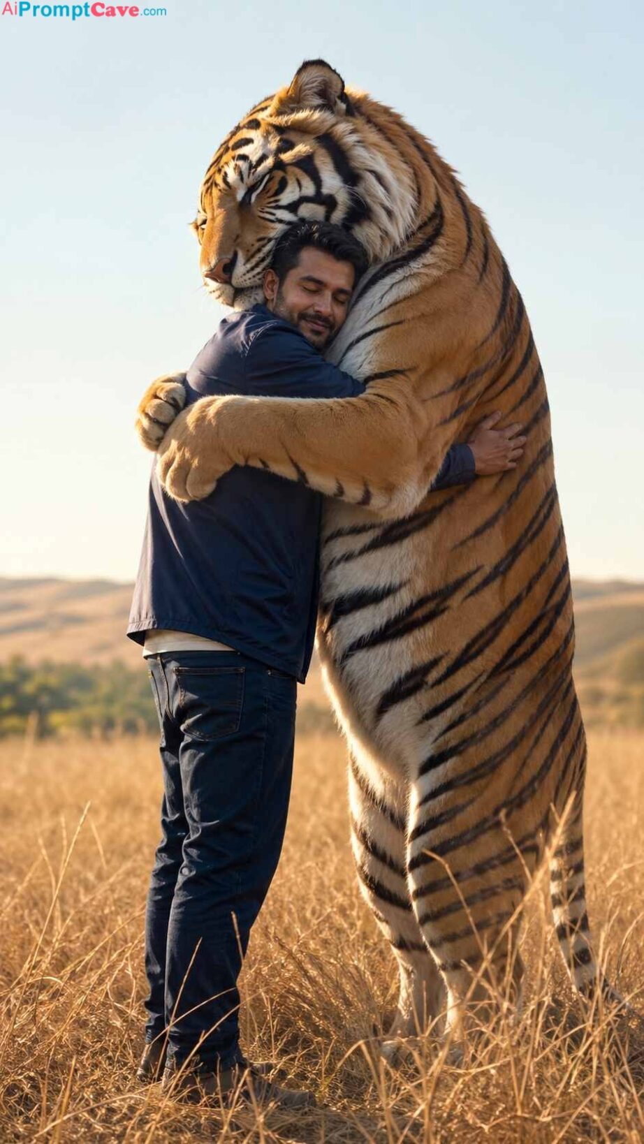 Cinematic Man and Tiger Embrace in Golden Field Portrait - Free Ai Image Prompt