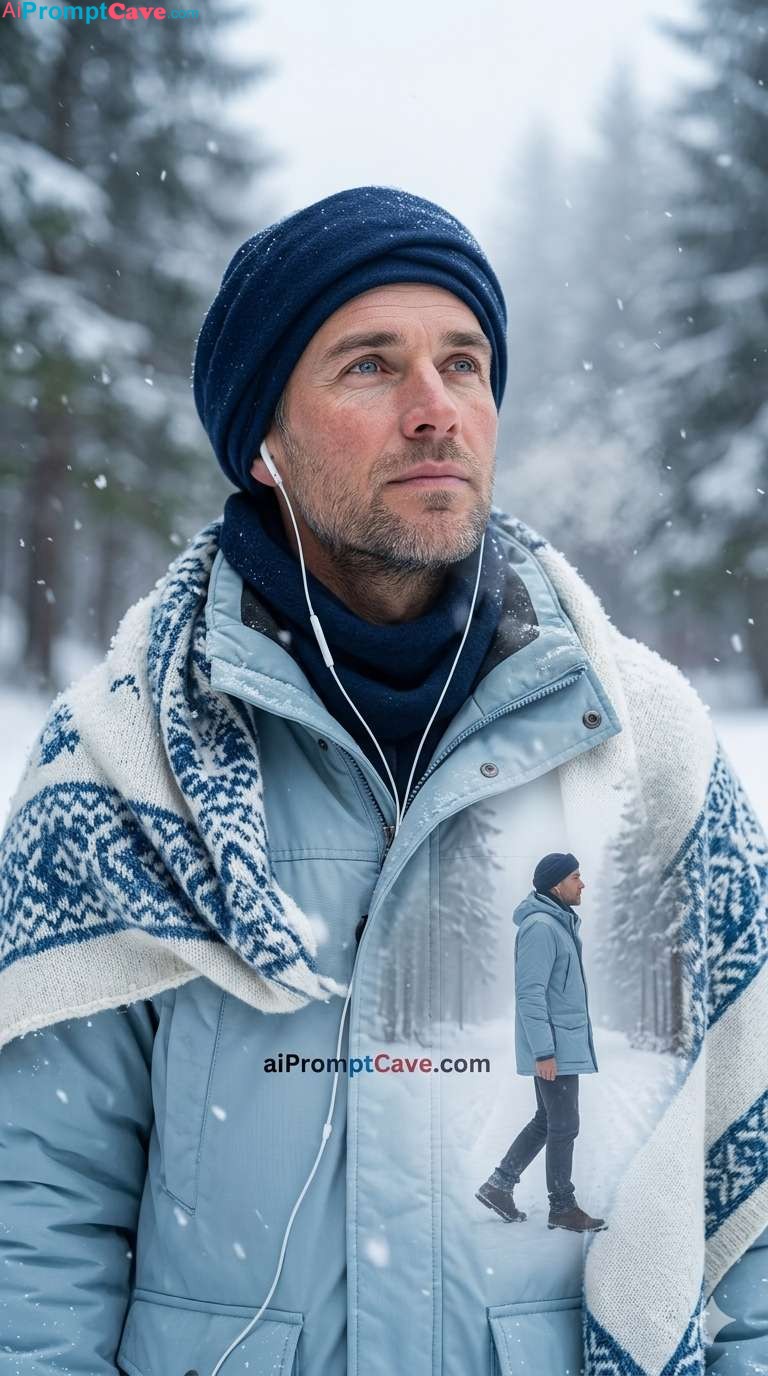 Cinematic Winter Portrait your Photo as Double Exposure Snow Scene - Free Ai Prompt