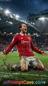 Cinematic footballer sliding in rain, dramatic lights, ultra-realistic 916 action scene with intense emotion.