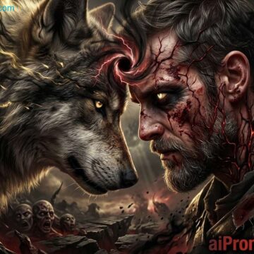 Create a dark cinematic scene of a man draining a wolf’s power with intense lighting and ultra detail. Using Free Ai Prompt