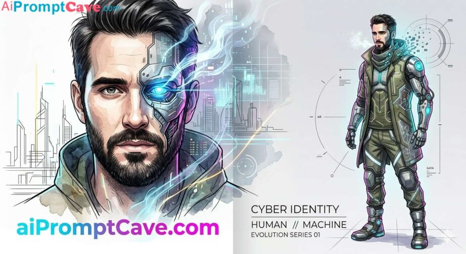 Create a luxury cyborg fashion portrait blending watercolor, neon tech, and ultra-realistic 8K cinematic detail.