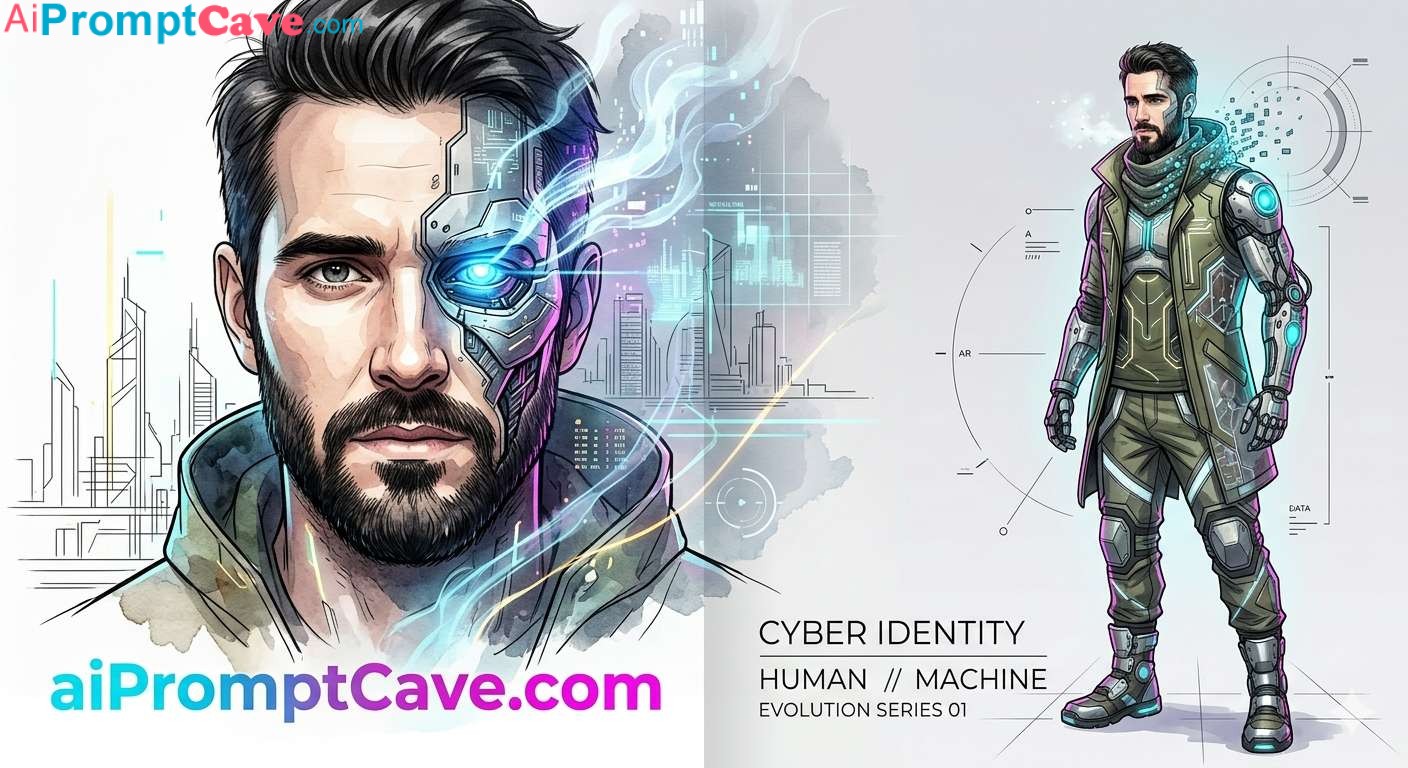 Create a luxury cyborg fashion portrait blending watercolor, neon tech, and ultra-realistic 8K cinematic detail.