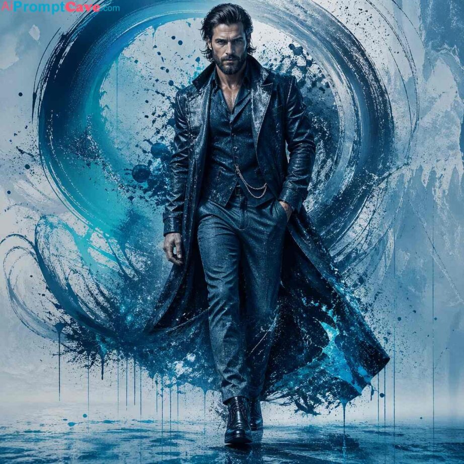 Create a powerful cinematic male portrait with abstract ink effects and cool tones. Ultra-realistic 916 prompt for stunning AI visuals.