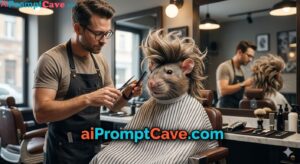 Funny Barbershop Rat Haircut Scene - Free Ai Prompt Create a realistic barber cutting a rat’s wild hairstyle in a modern shop with cinematic lighting and 8K detail.