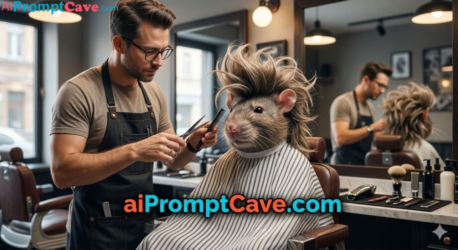 Create a realistic barber cutting a rat’s wild hairstyle in a modern shop with cinematic lighting and 8K detail.