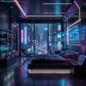 Cyberpunk Bedroom Interior Design Scene – Futuristic Neon Architecture - Free Ai Image Prompt