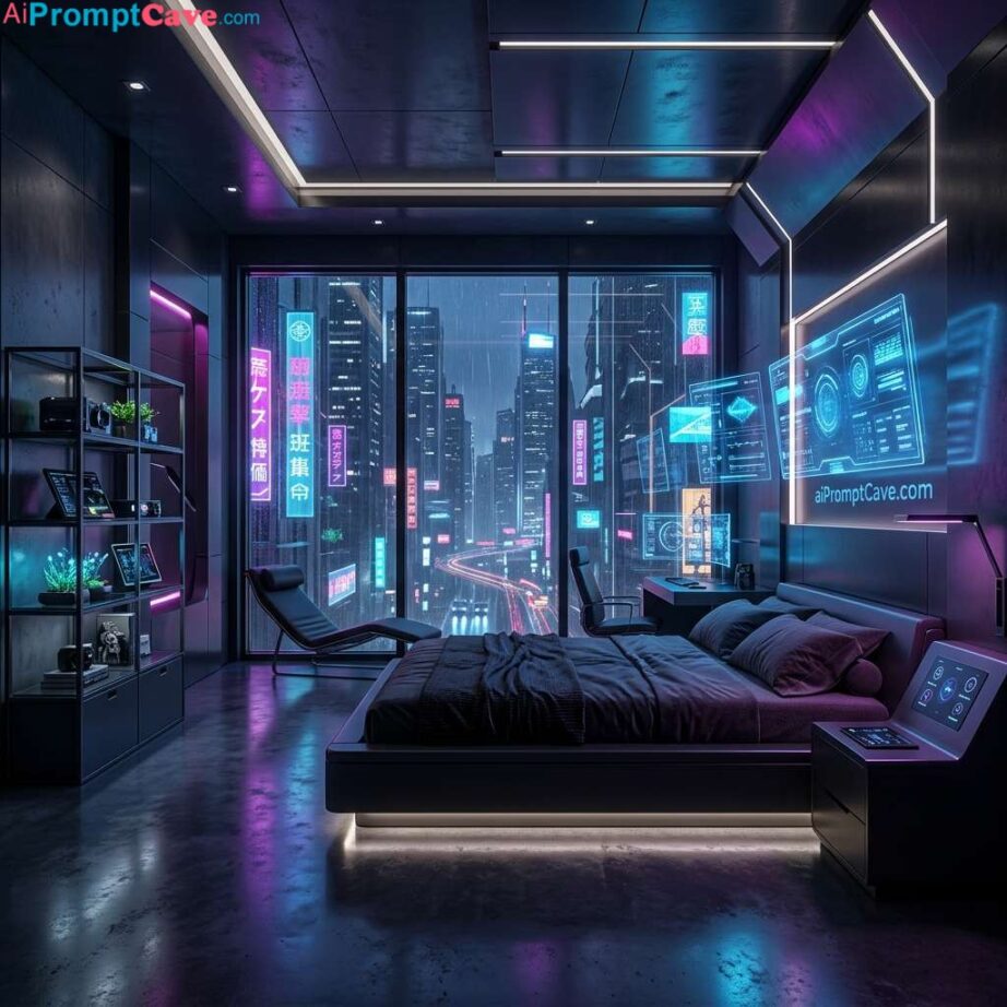 Cyberpunk Bedroom Interior Design Scene – Futuristic Neon Architecture - Free Ai Image Prompt