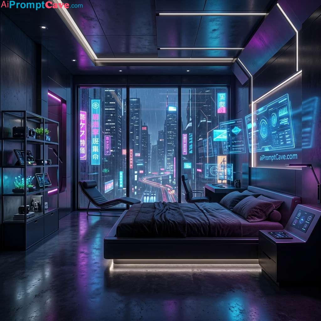 Cyberpunk Bedroom Interior Design Scene – Futuristic Neon Architecture - Free Ai Image Prompt