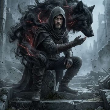 Dark Fantasy Hooded Wanderer with Spectral Wolf Prompt - Free Ai Prompt