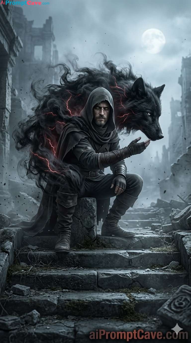 Dark Fantasy Hooded Wanderer with Spectral Wolf Prompt - Free Ai Prompt