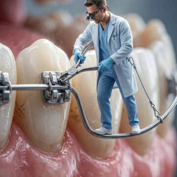 Dental Clinic Ad Mini Orthodontist Dentist Fixing Giant Braces - Free Ai Prompt