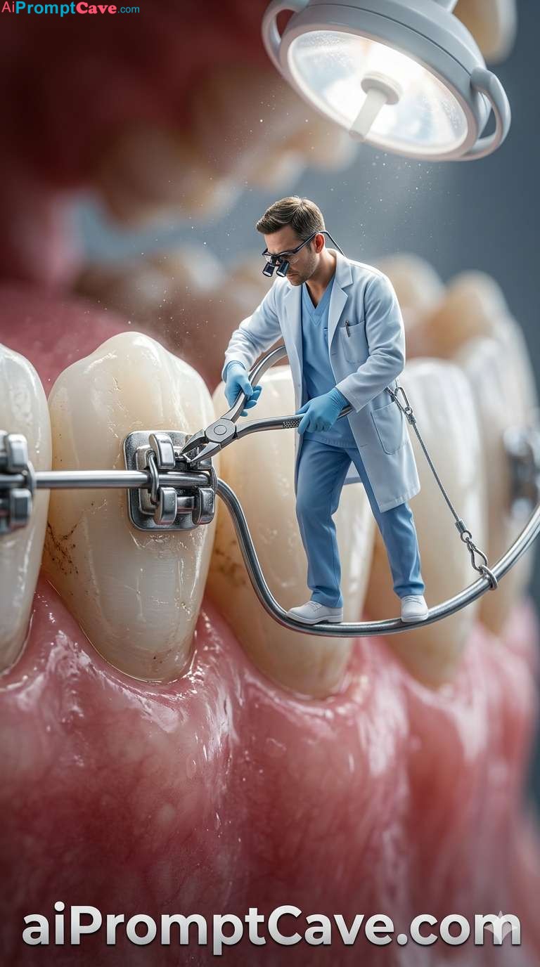 Dental Clinic Ad : Mini Orthodontist Dentist Fixing Giant Braces – Free Ai Prompt Dental Clinic Ad Mini Orthodontist Dentist Fixing Giant Braces - Free Ai Prompt