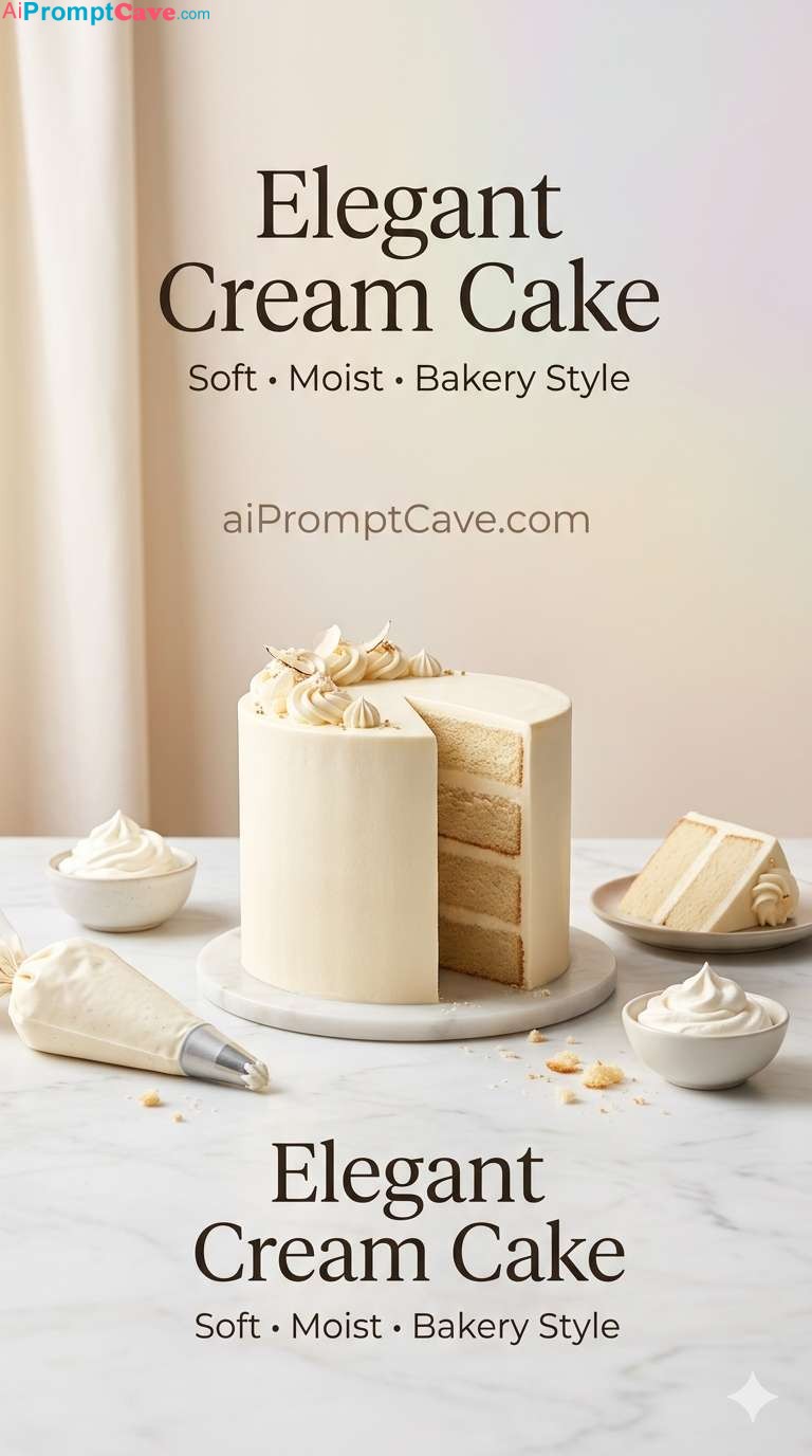 Elegant Cream Cake Pinterest Poster Luxury Bakery Style Food Photography - Free Ai Image Prompt