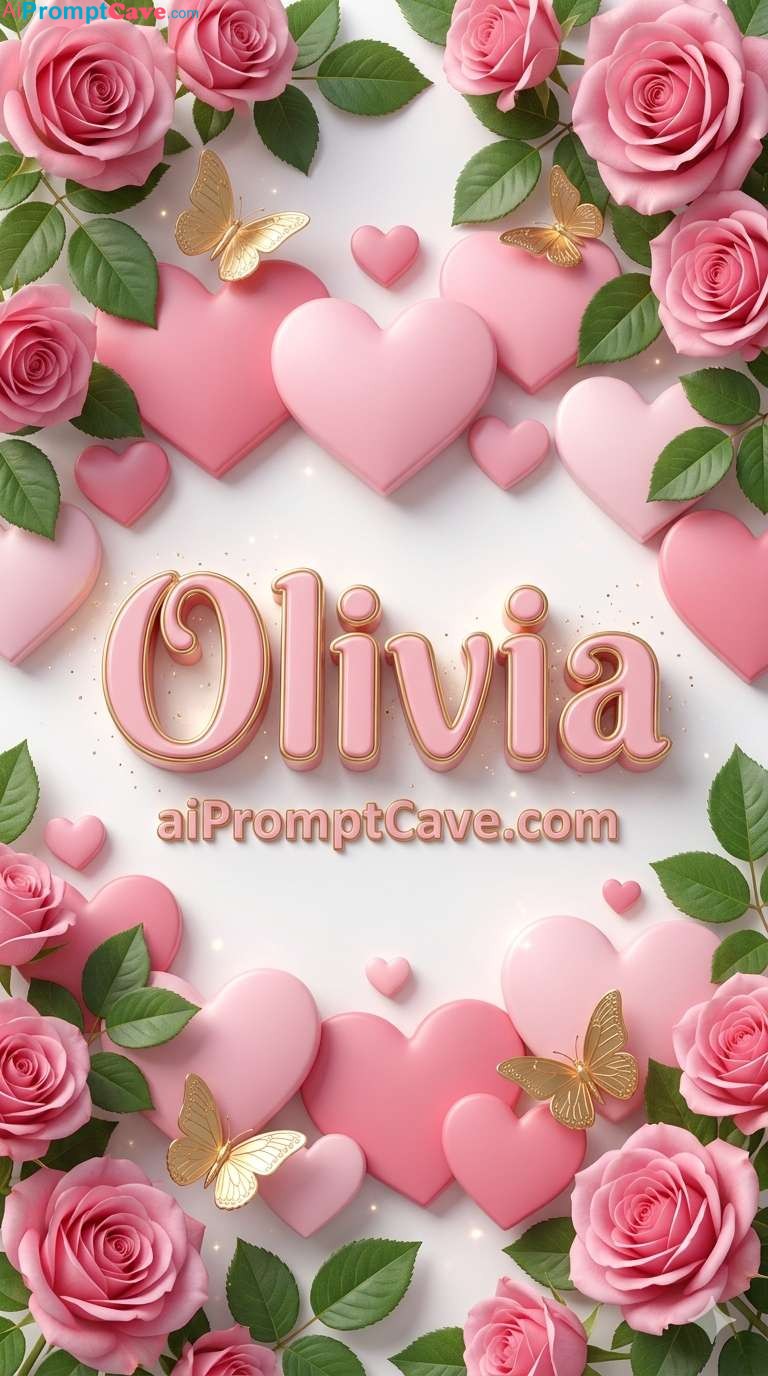 Elegant Olivia Name 3D Pink Gold Floral Heart Luxury Render - Free Ai Image Prompt